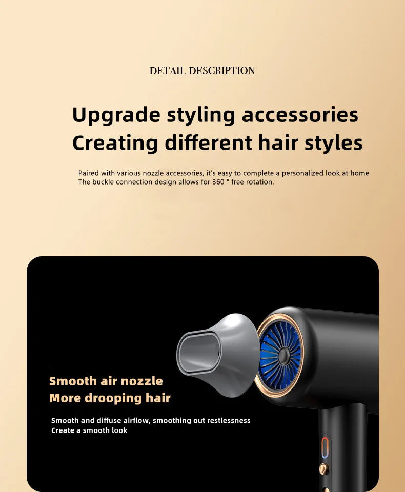Black 2400W high-speed hair dryer with blue light, gold ring detail, and 360-degree rotating smoothing nozzle.