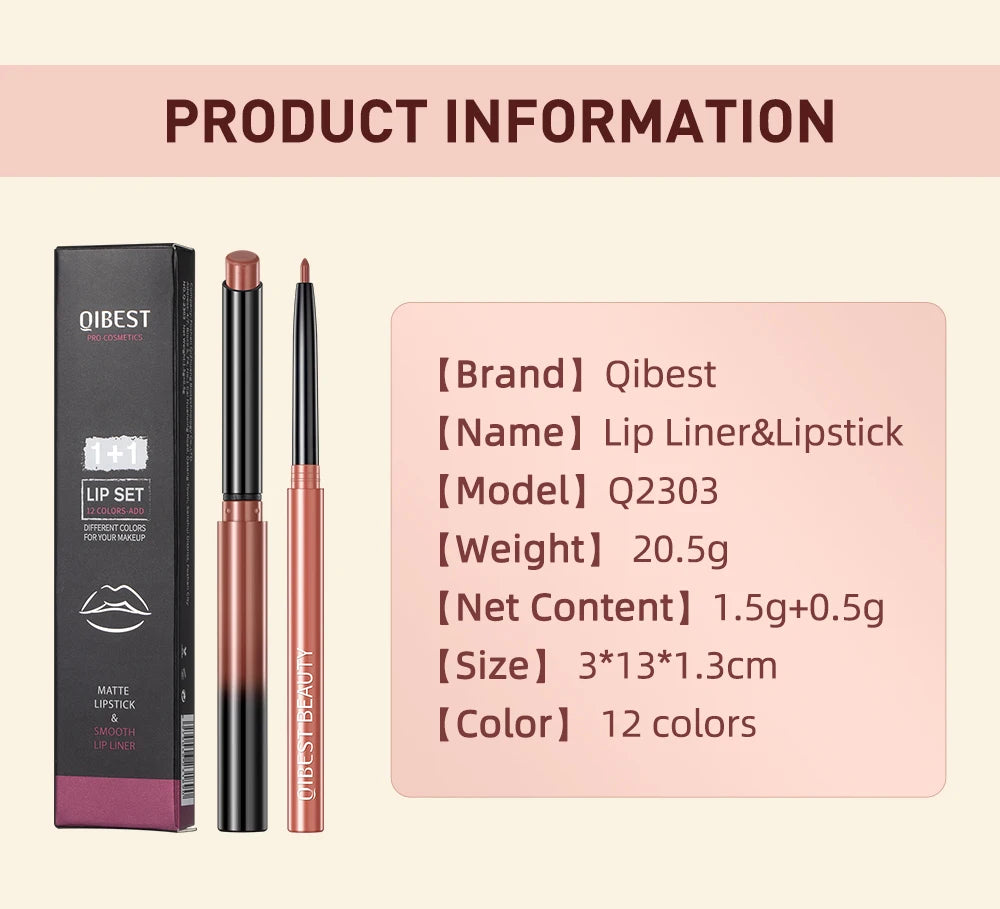 QIBEST 2-in-1 matte nude lipstick and lip liner pencil set in a sleek dual-ended waterproof makeup applicator.