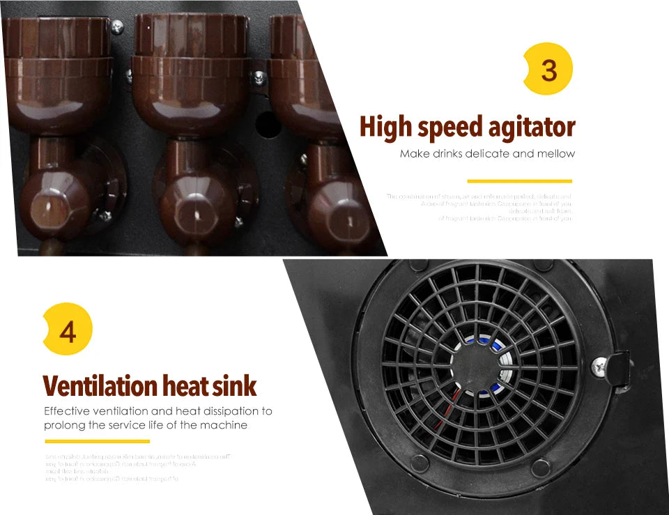 Commercial beverage machine features: brown agitator heads for drink mixing and a black cooling ventilation heat sink.
