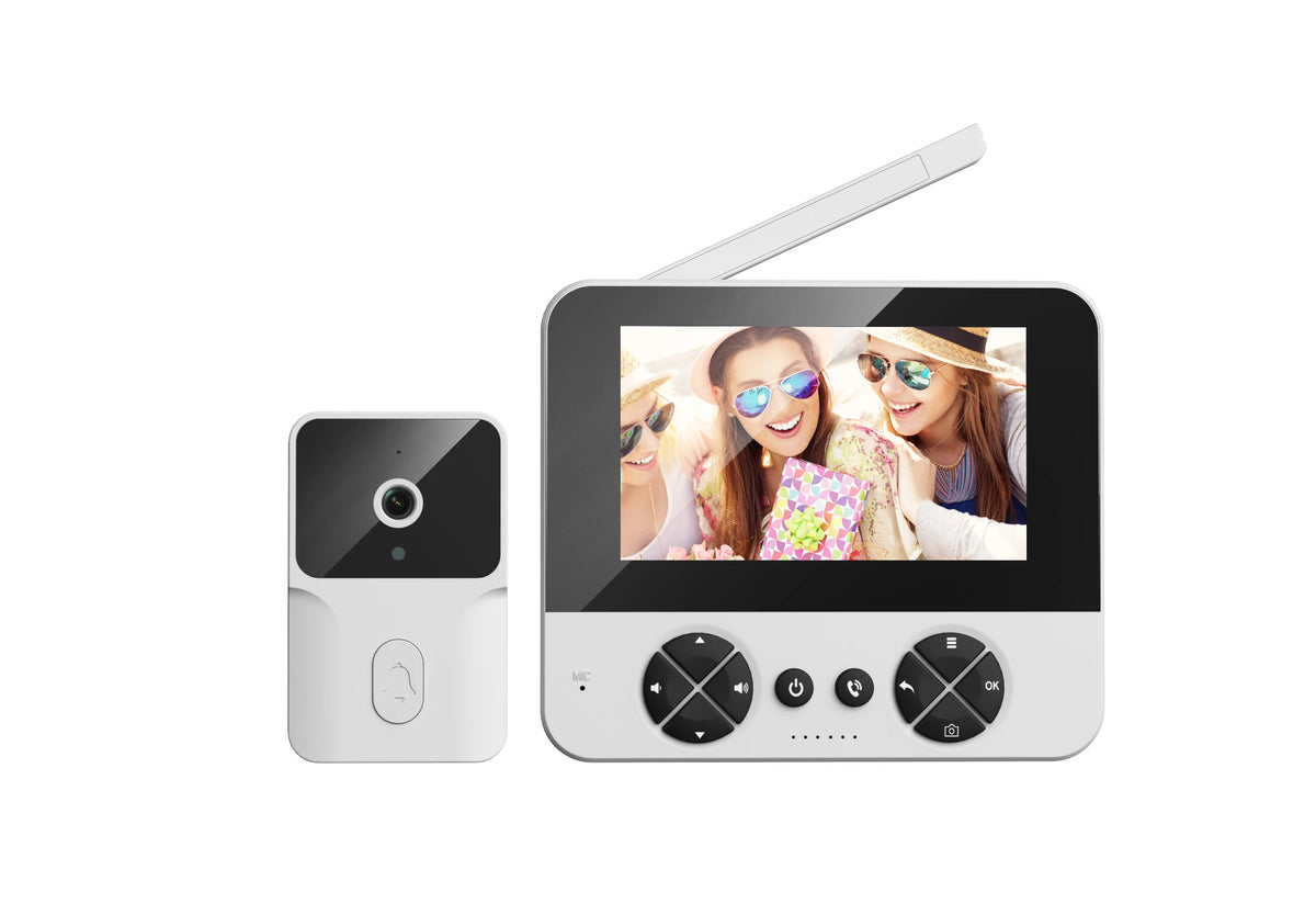 Wireless video doorbell system with black-and-white camera, monitor, and built-in controls