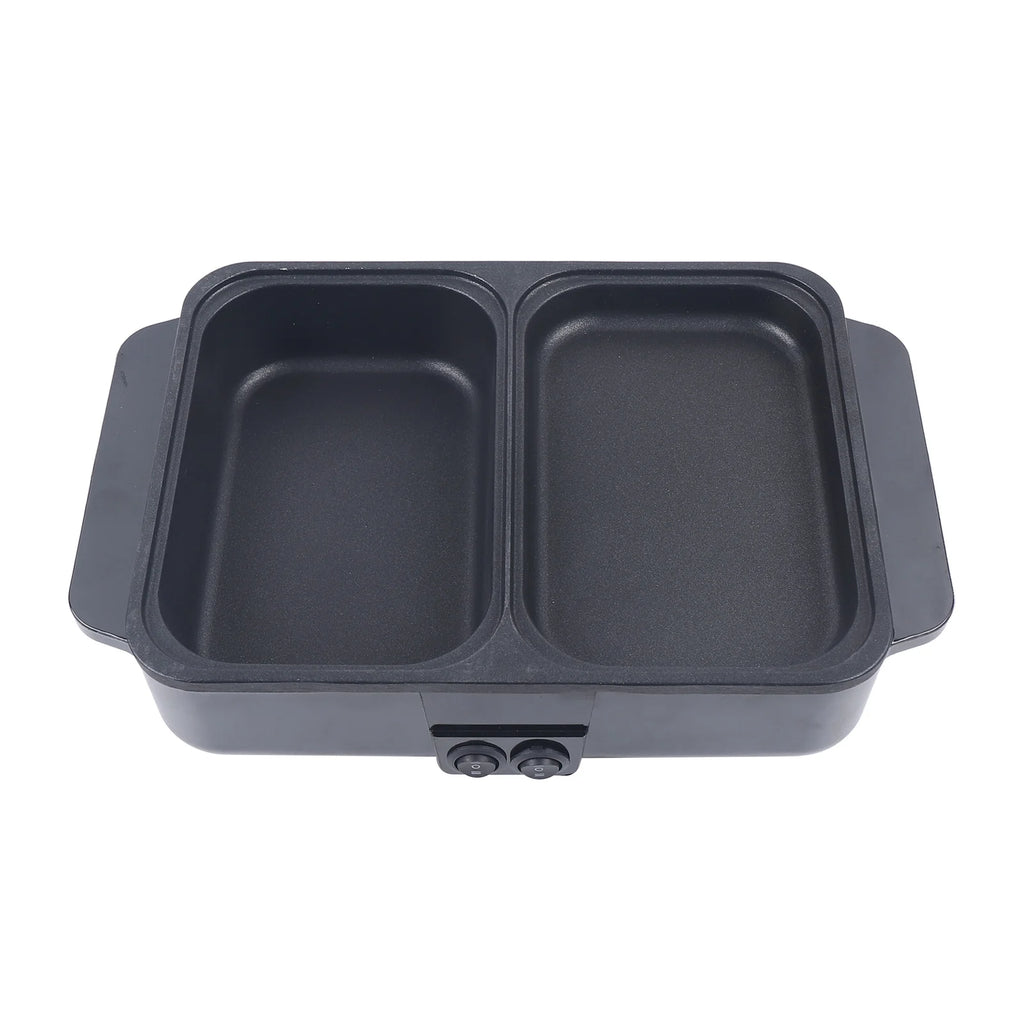 Black 2-in-1 electric hot pot and grill with empty dual nonstick compartments