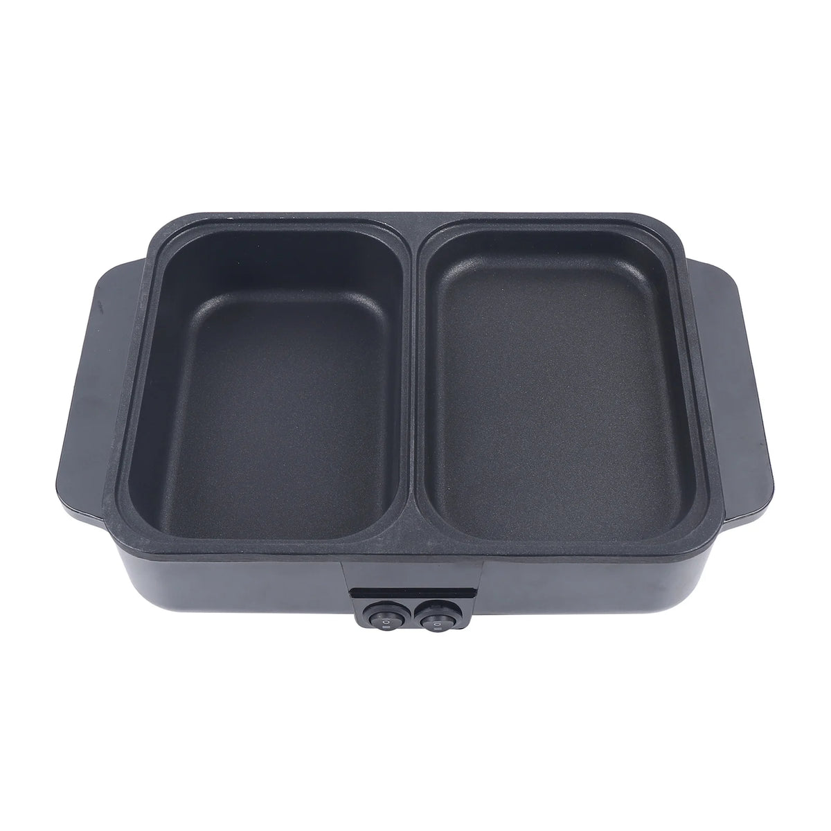 Black 2-in-1 electric hot pot and grill with empty dual nonstick compartments