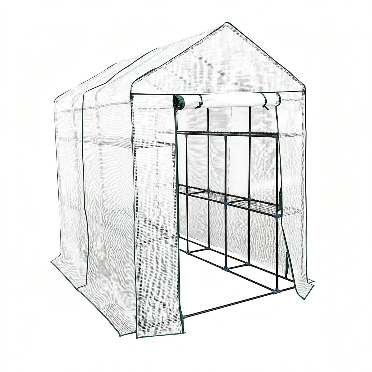 White plant greenhouse with translucent PE cover and steel frame, roll-up zipper door at front