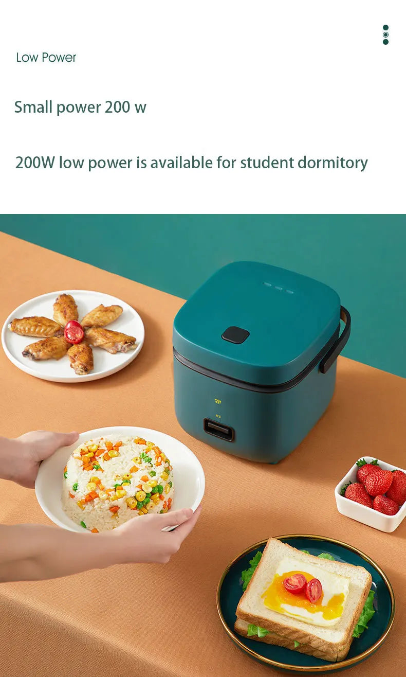 Teal mini electric rice cooker on countertop for compact meal warming