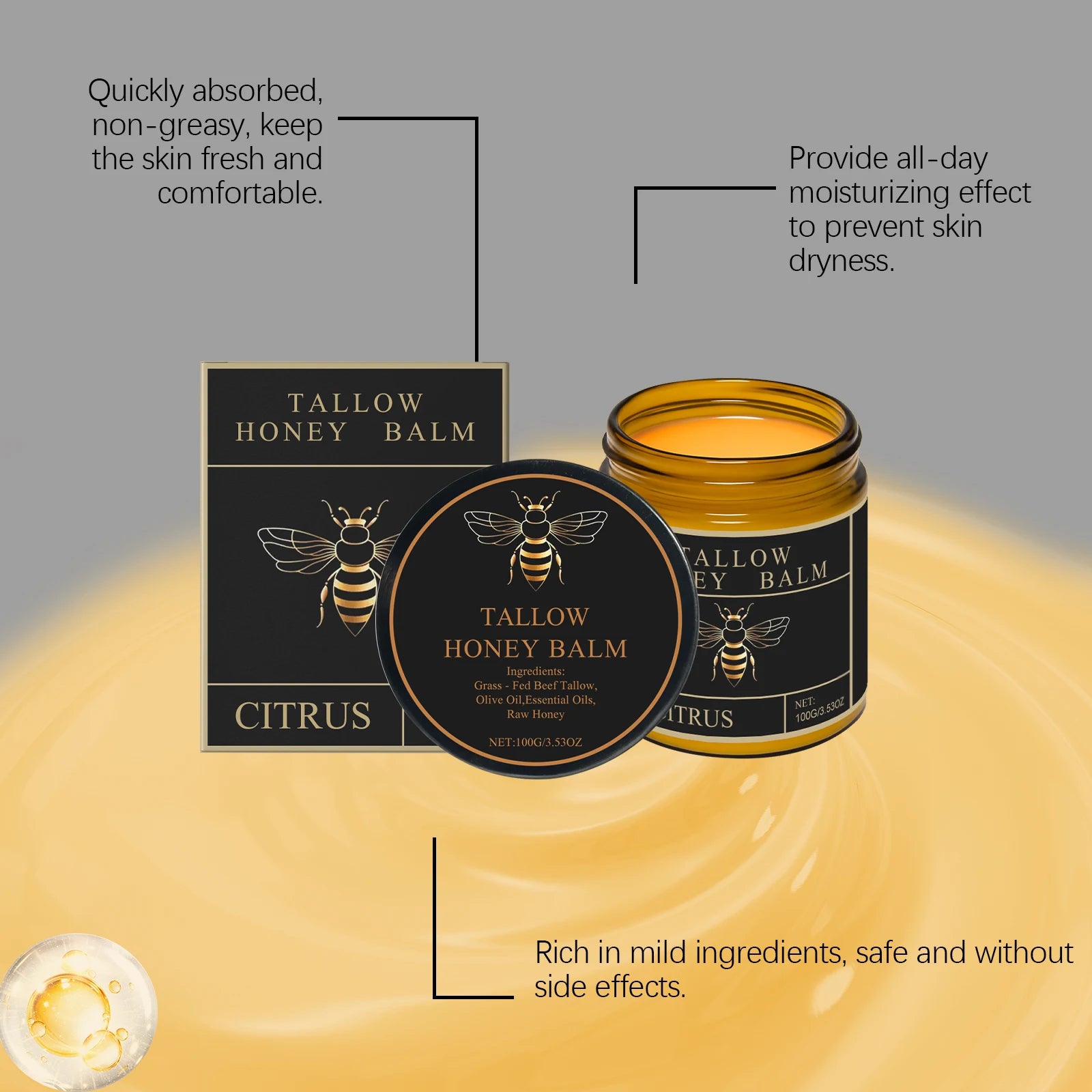 3Designs Natural Grass Fed Beef Tallow Honey Balm Lasting Hydrating Skin Improve Elasticity Korean Face Body Moisturizer Lotion