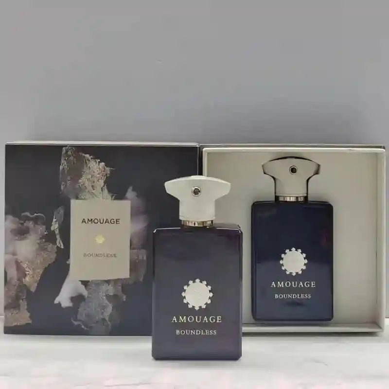 Amouage Boundless men’s EDP: a luxury woody, spicy fragrance in a bold, elegant rectangular glass bottle with box set.
