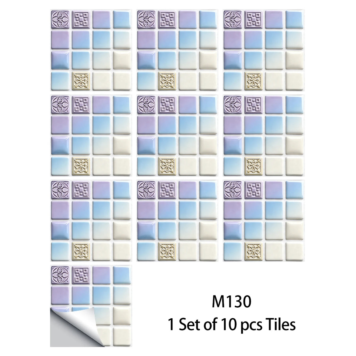 Mosaic tile wall decal set, light blue and lavender squares with patterned medallion tiles