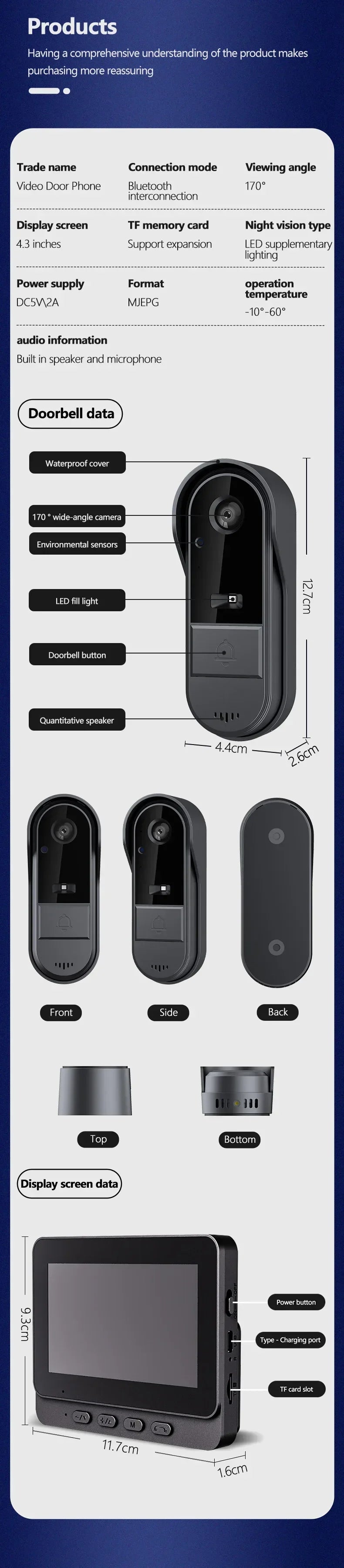 Wireless Wifi Doorbell Camera 1080P Video Intercom Doorbell Waterproof 4.3in IPS Screen Home Security Door Bell IR Night Vision