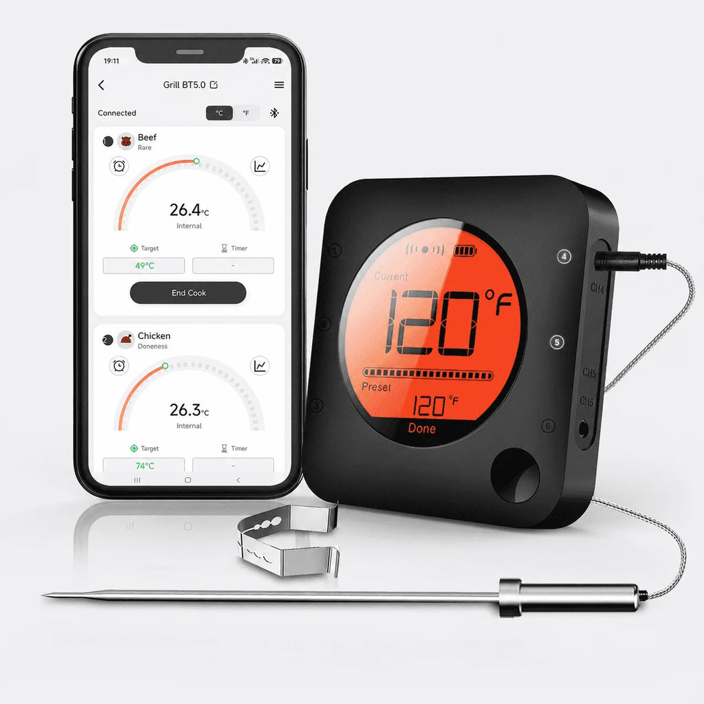 Bluetooth Meat Thermometer Digital BBQ Kitchen Thermometer Support 6 Probe for Smoker Cooking Grill Oven Candy
