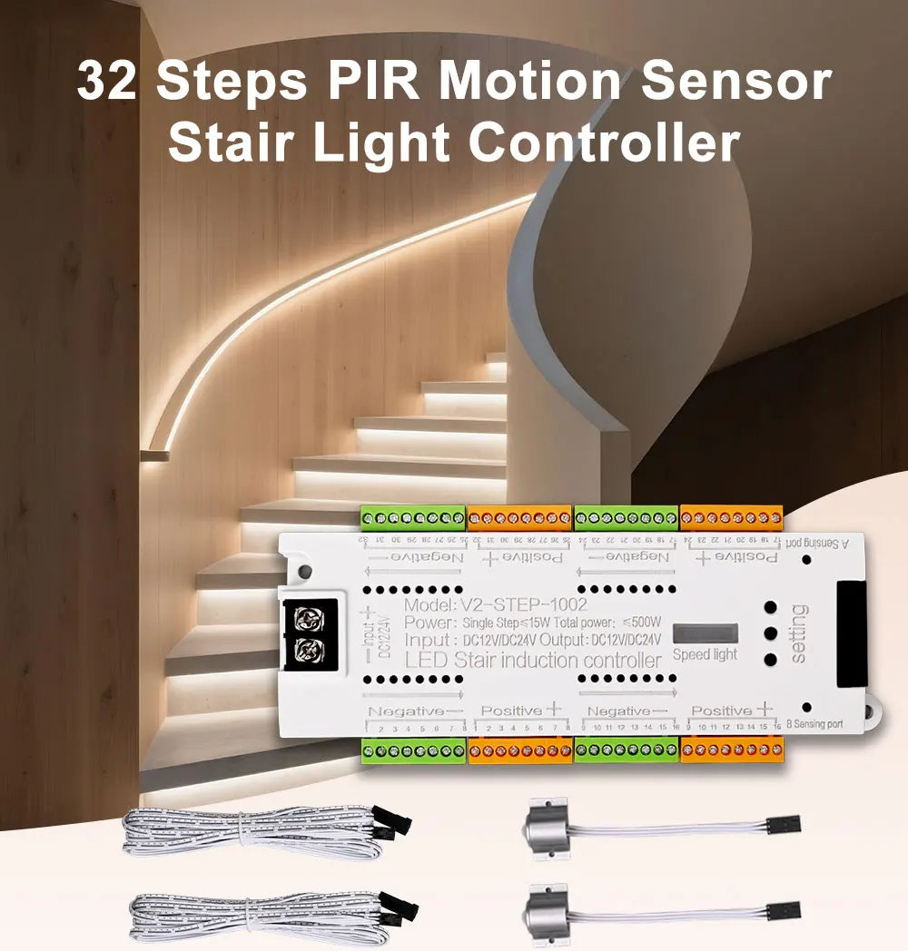 V2 PIR Motion Sensor Stair Light Controller 32 Channels LED Stair Controller For Stairway Dim LED Strip Lighting DC12V 24V