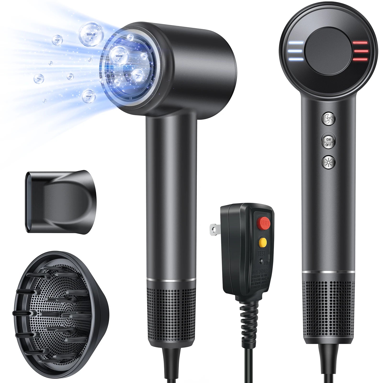 Black high-speed negative ion hair dryer with diffuser, concentrator nozzle, and sleek ergonomic LED control design.