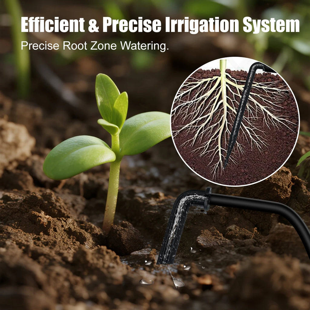 Solar drip irrigation system with black tubing and watering drips near young plant in soil