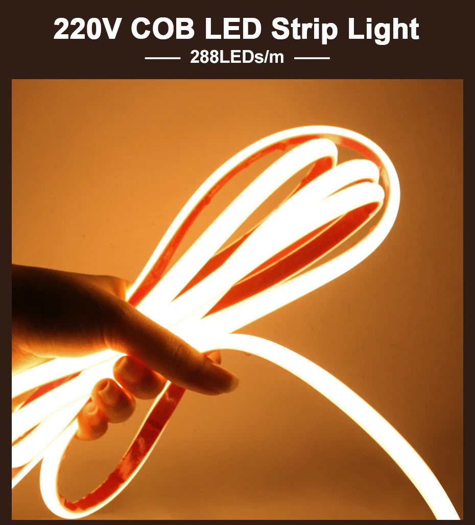 Super Bright 220V COB LED Strip Light EU/AU Power Plug Adhesive Tape Flexible Ribbon Waterproof For Outdoor Lighting Decoration