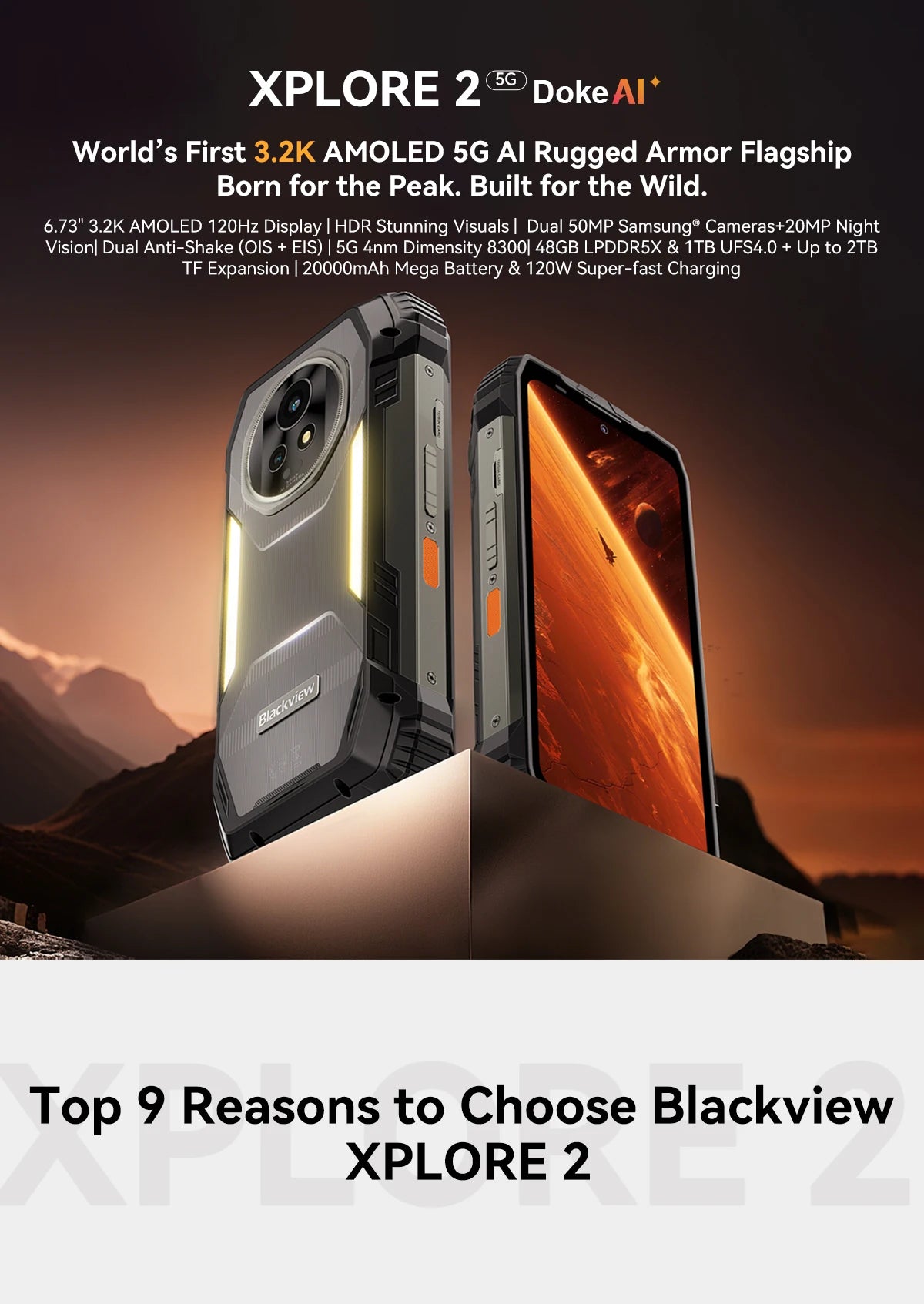 【World premiere】Blackview XPLORE 2 Rugged Phone 5G 6.73” 3.2K AMOLED Display 20000mAh MediaTek Dimensity 8300 120W Charger - Tidesmit