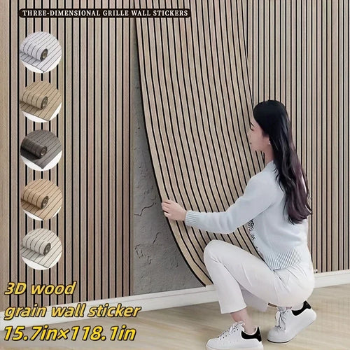 3D wood-grain grille wall sticker panel with raised vertical stripes