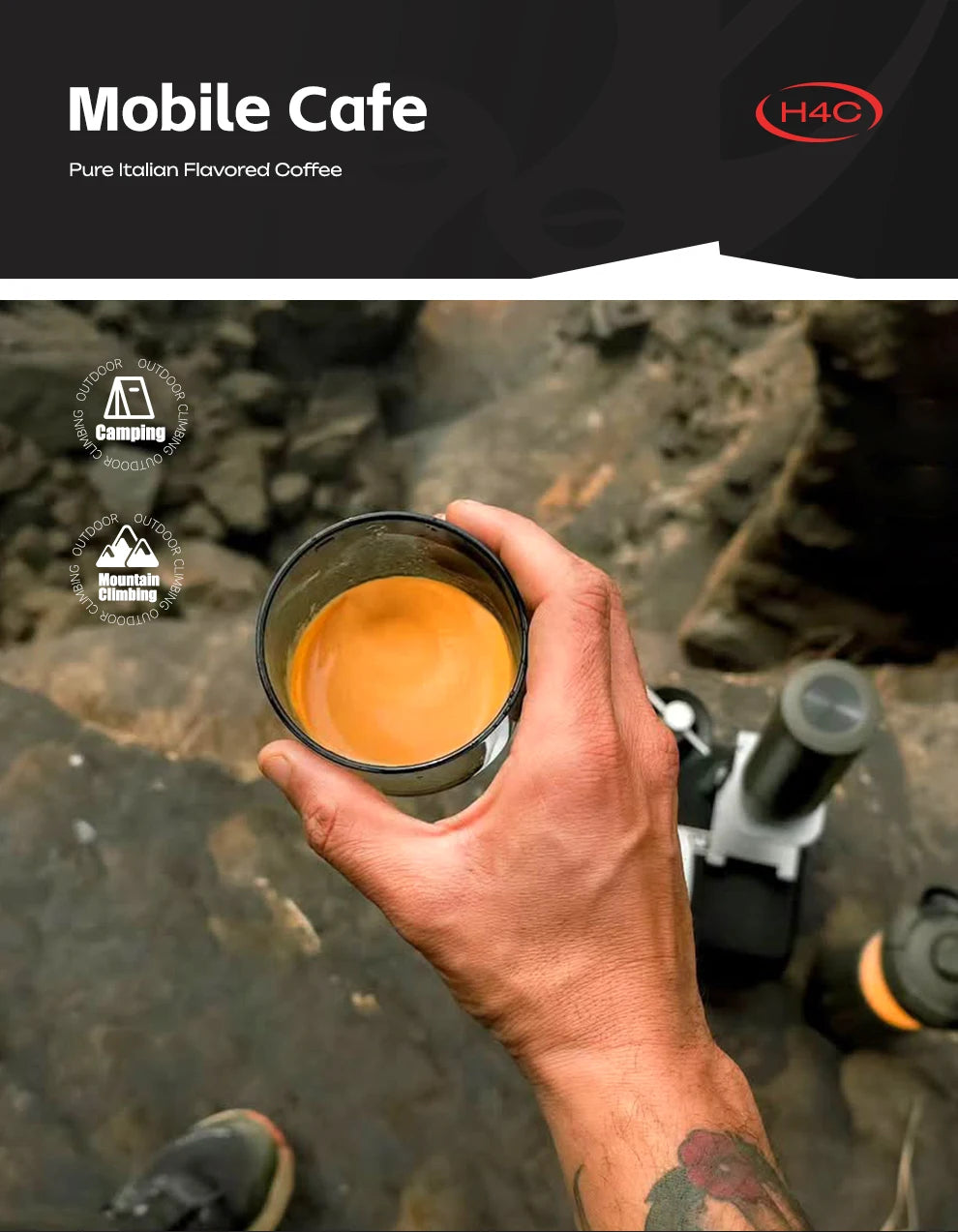 H4C portable coffee maker in black and white held outdoors with a cup of fresh espresso in a rocky setting.
