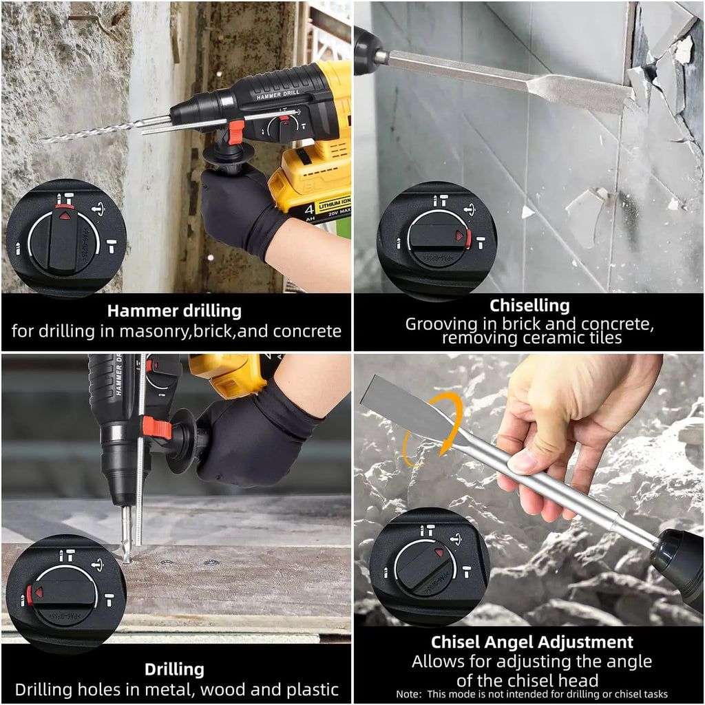 Brushless Cordless Rotary Hammer Drill 3-in-1 Heavy Duty Electric Demolition Hammer Impact Drill Concrete Breaker Chisel Power Tool High Power SDS Plus Compatible Lithium Battery