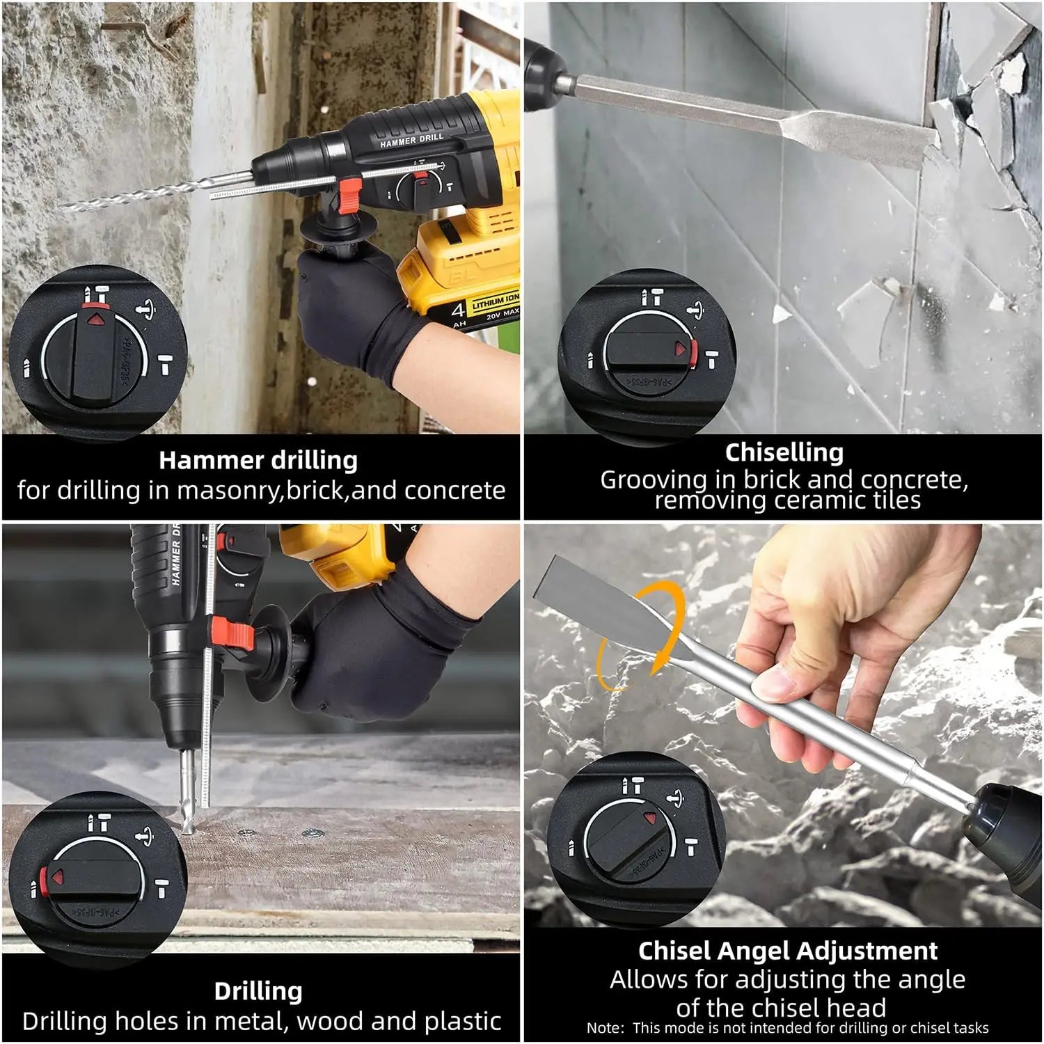 Brushless Cordless Rotary Hammer Drill 3-in-1 Heavy Duty Electric Demolition Hammer Impact Drill Concrete Breaker Chisel Power Tool High Power SDS Plus Compatible Lithium Battery