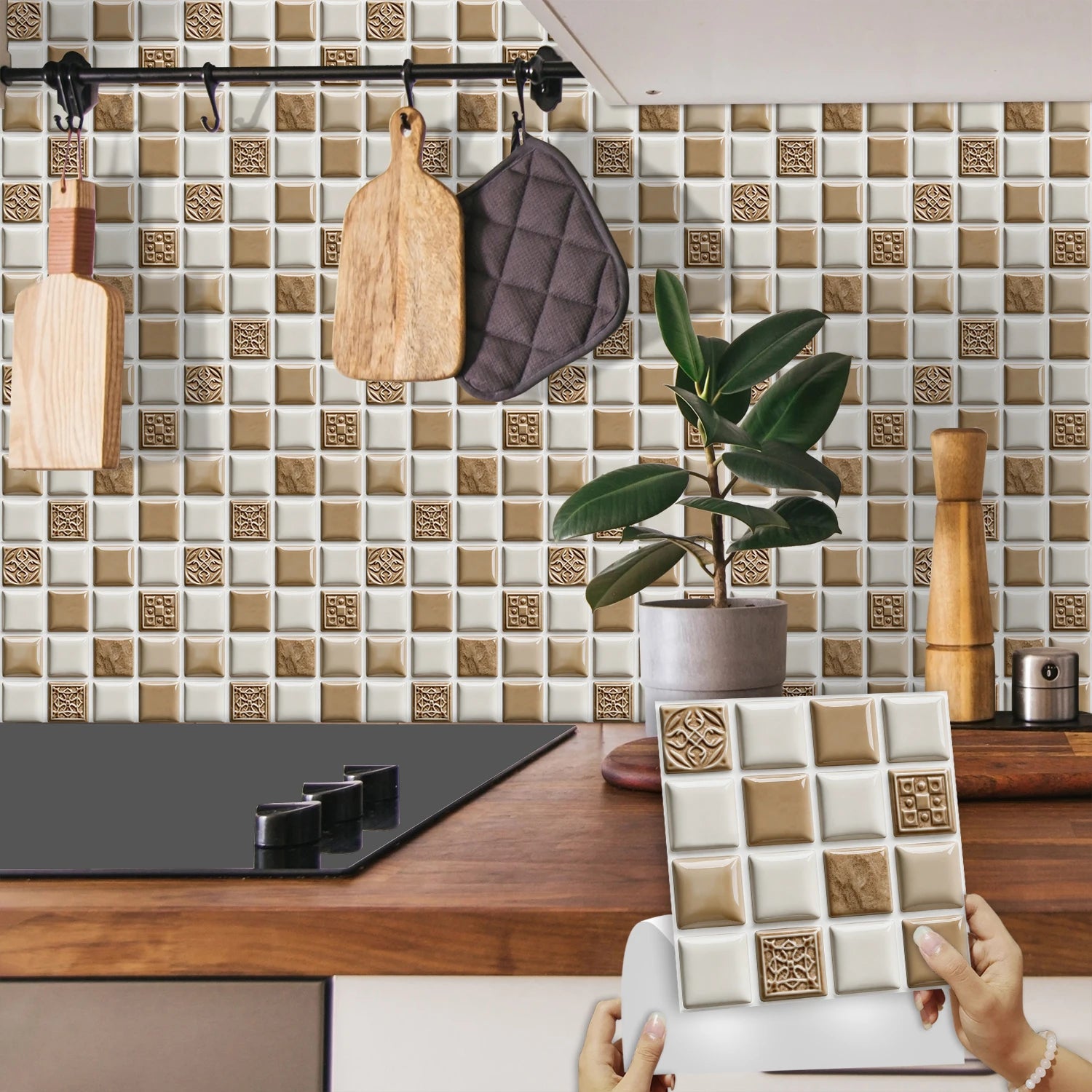 10pcs Flat Mosaic Tiles Sticker Set Kitchen Bathroom Wall Decals Gloss Waterproof Film 2D Surface Cover Transfers for Home Decor