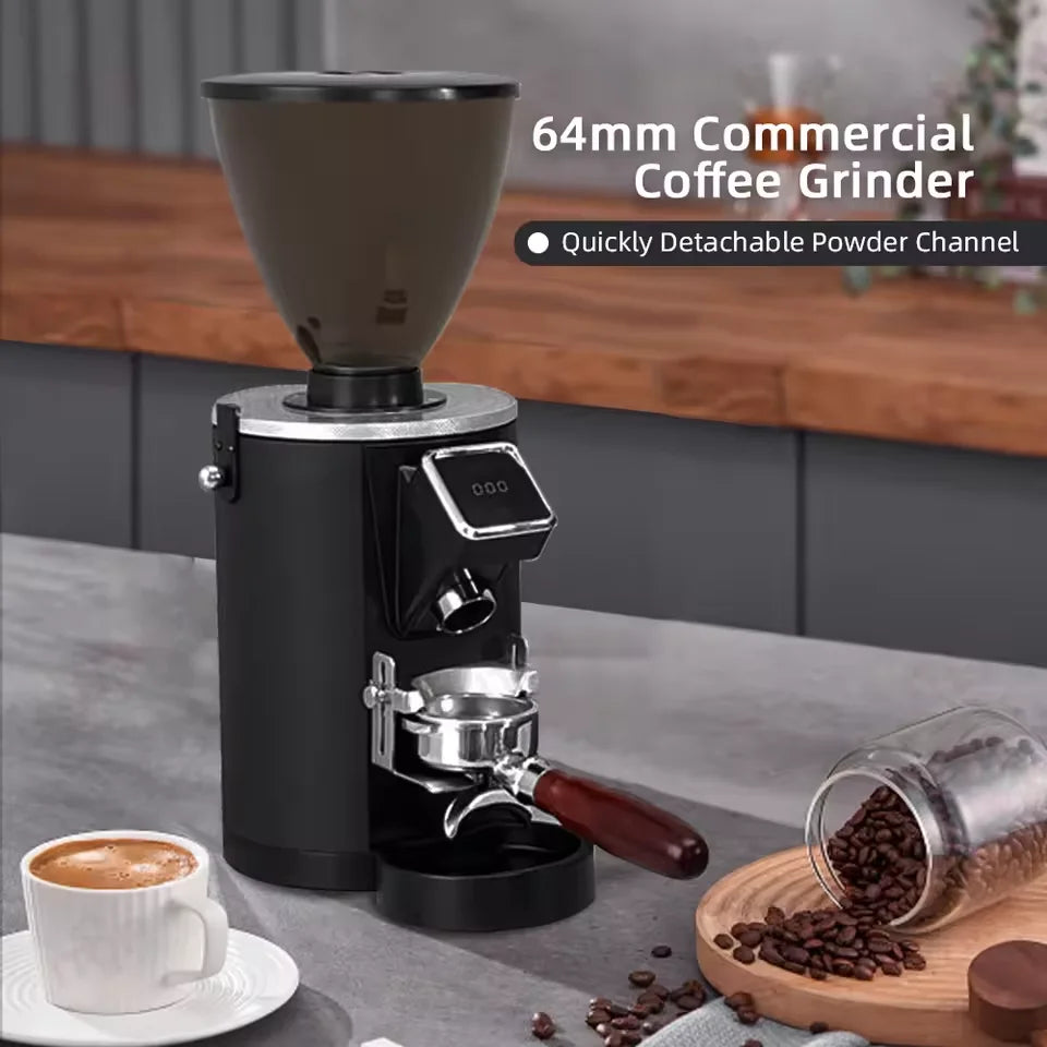Black 64mm commercial coffee grinder with detachable powder channel, digital display, and portafilter holder on counter.