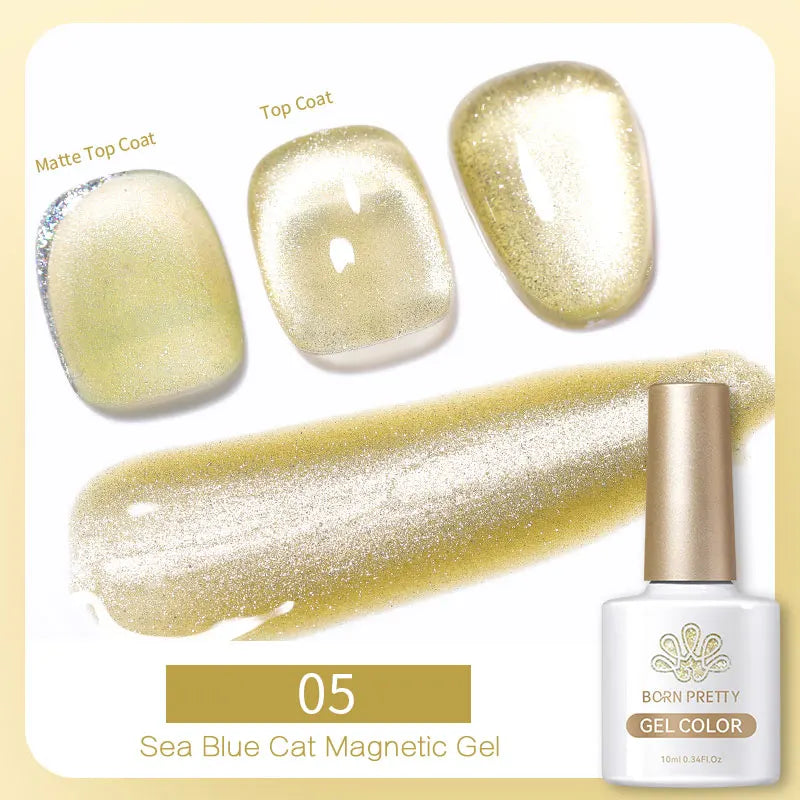 Sea Blue Cat Magnetic Gel nail polish with a 10ml bottle, gold glitter swatch, and three finished nail samples.