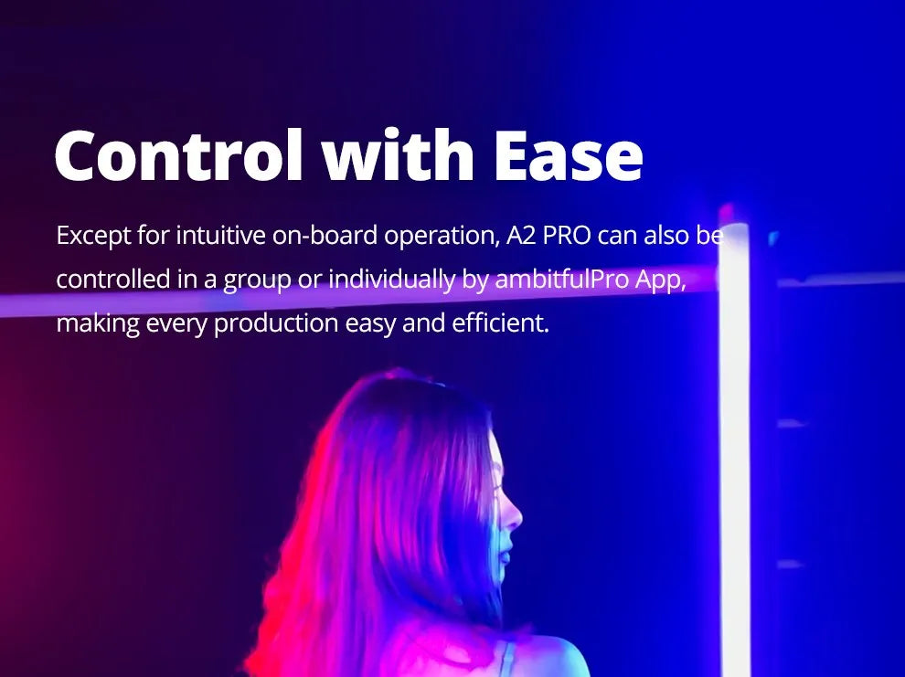 A2 PRO long, cylindrical LED light tube providing bright white and colorful ambient studio lighting.