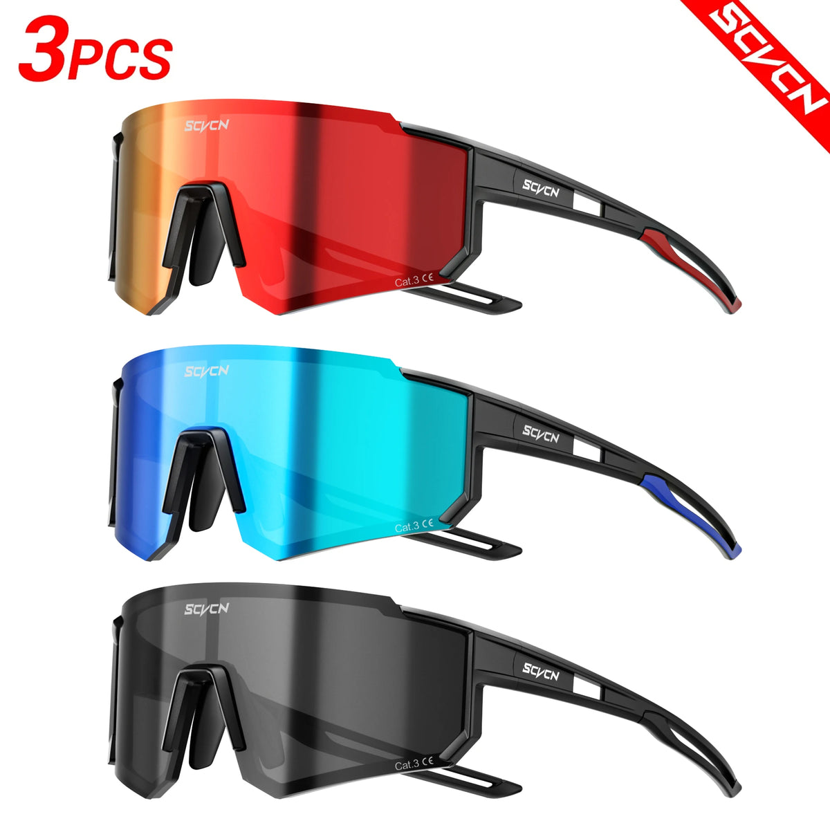 3-pack sports sunglasses set with red, blue, and black mirrored lenses