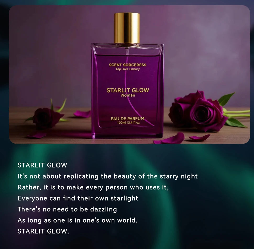 Starlit Glow by Scent Sorceress: Luxury 100ml floral EDP for women in a sleek purple square glass bottle with gold cap.
