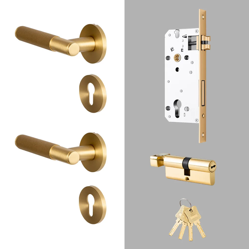 DOOROOM Brass Door Lock Set Modern Knurled Matte Brushed Copper Interior Door Lock Decorative Lock Privacy Lock Passage Lock