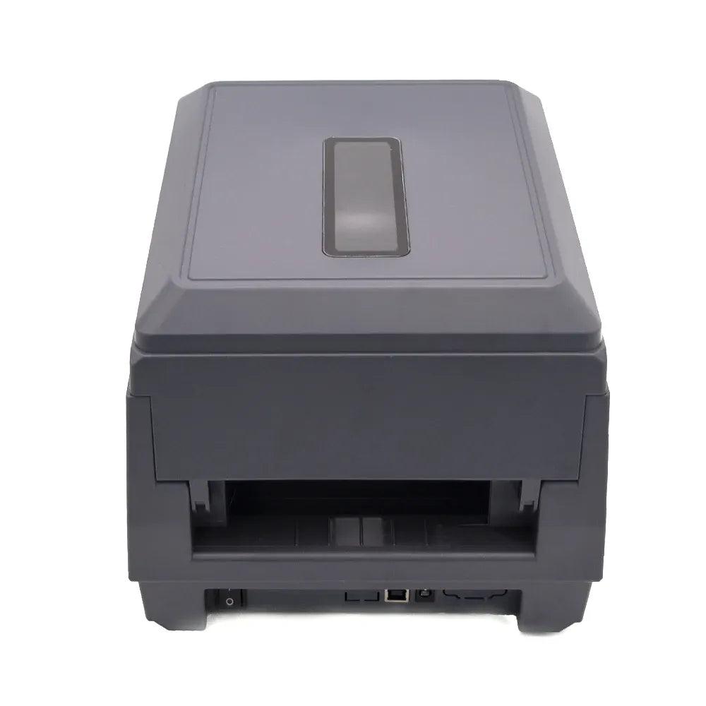 Gray desktop barcode label printer angled front with front label output opening