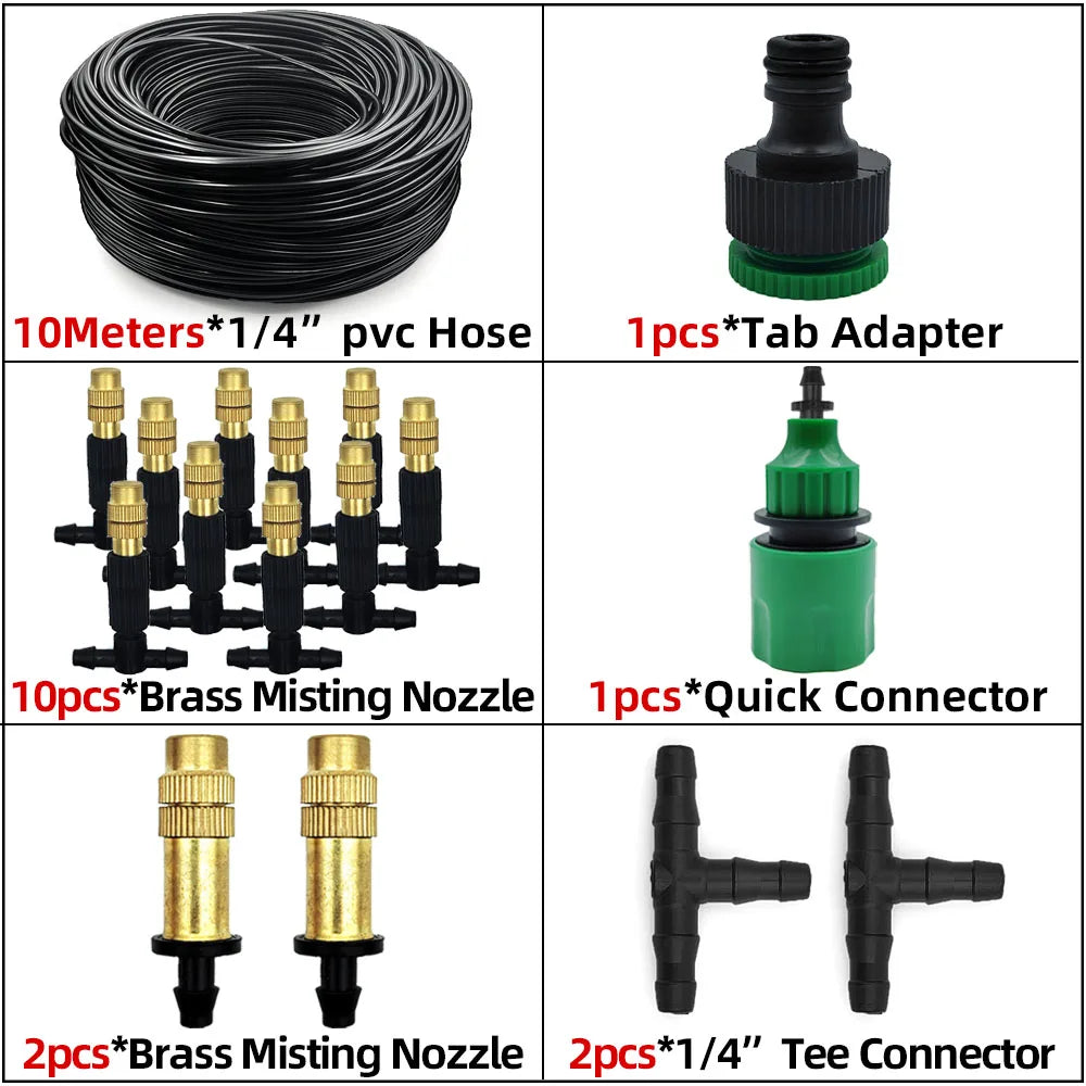 Misting system kit with 10m 1/4 PVC hose, brass nozzles, adapter and connectors