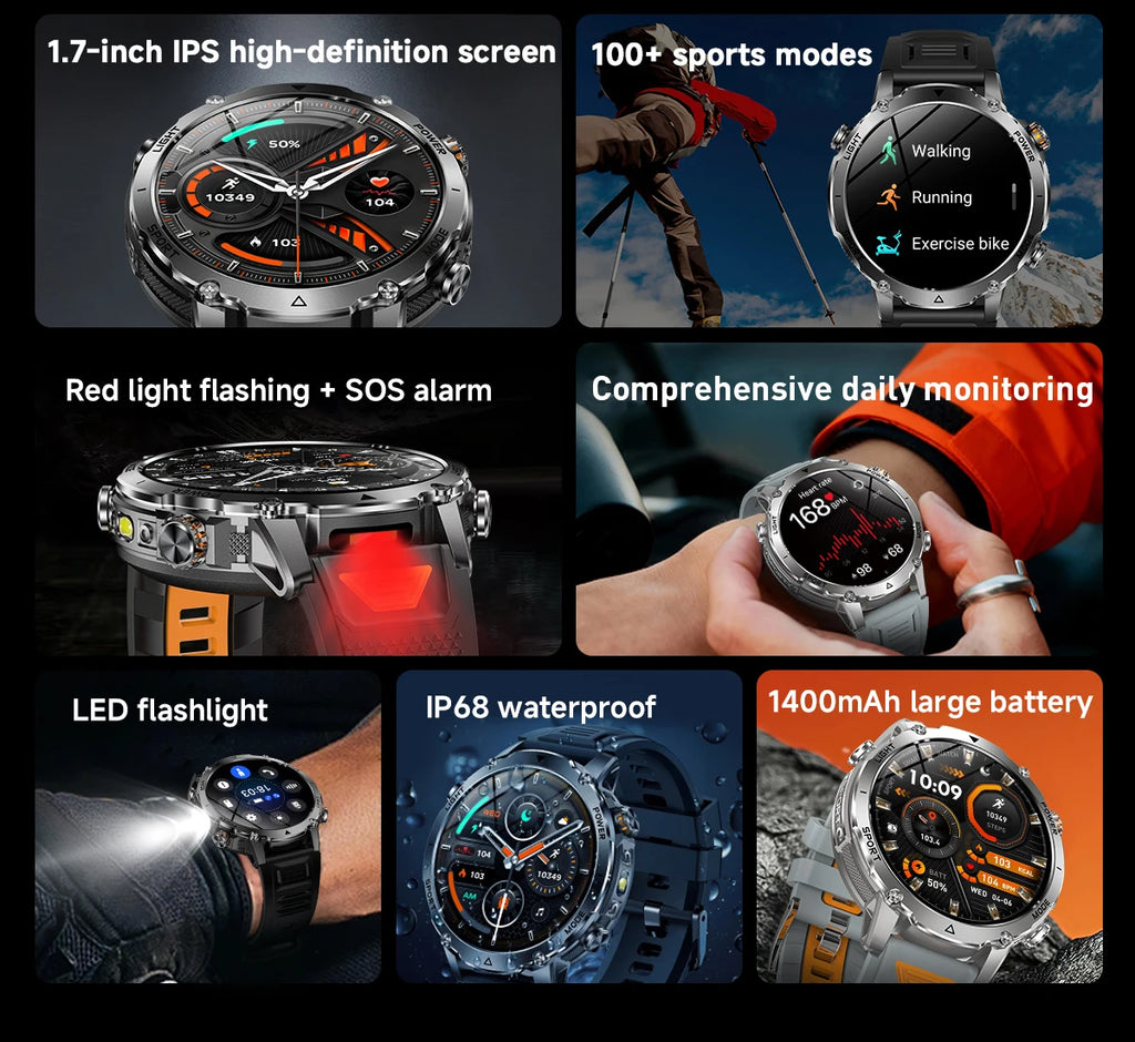 LIGE TANK Ultra Military Smart Watch 1400mAh Battery 10ATM Waterproof Heart Rate LED Flashlight Sports Bracelet Men Smartwatch