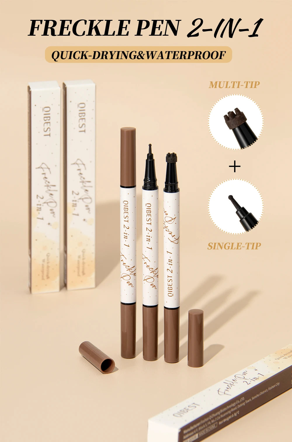 Tidesmit QIBEST double-end freckle stamp pen showing natural brown shade swatch for realistic faux freckle makeup