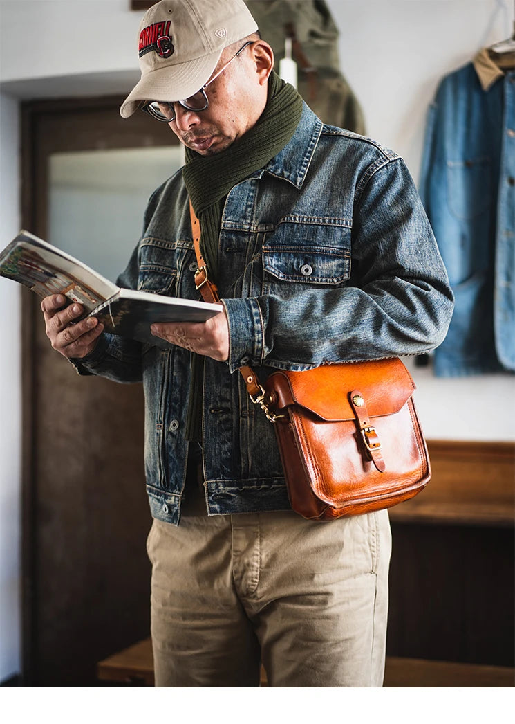 Fashion vintage outdoor daily genuine leather men's small phone shoulder bag designer handmade luxury cow leather crossbody bag