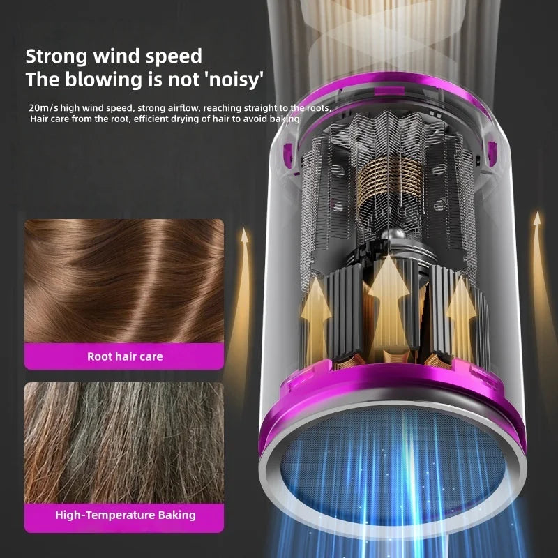 Purple 2400W silent hair dryer with powerful motor, hot/cold air, and foldable design for fast, root-level drying.