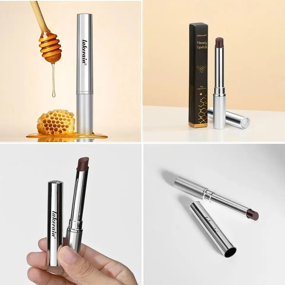 Long-lasting honey lip balm in silver tube, moisturizing lip plumper lipstick with nourishing honeycomb-inspired design.
