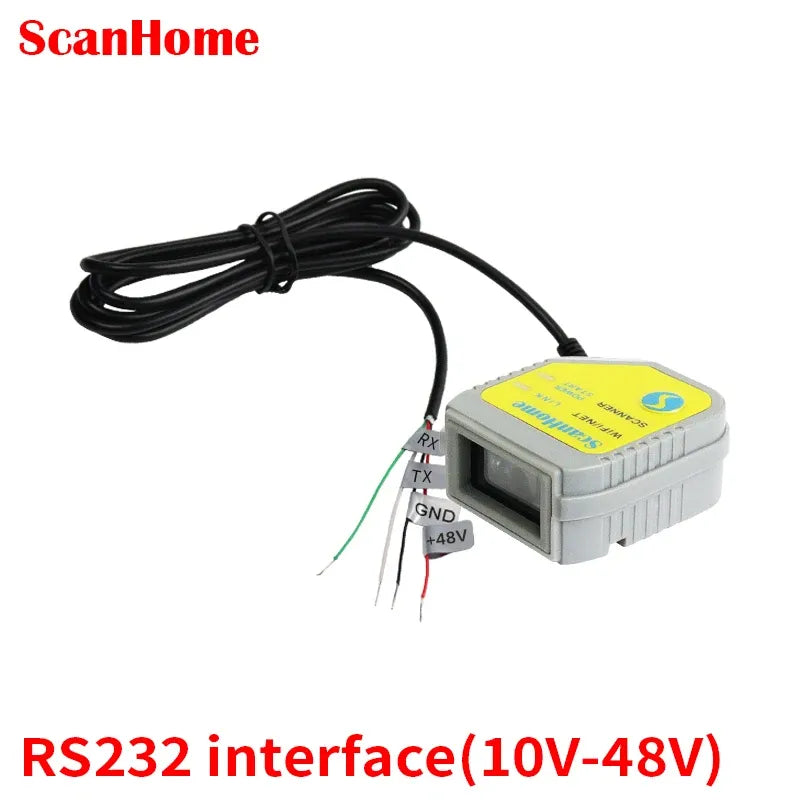 Fixed-mount barcode scanner with RS232 Rx/TX wires and compact gray housing