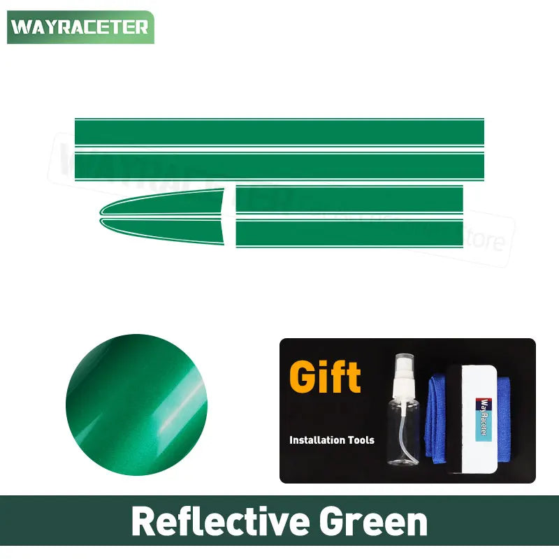 Green reflective vinyl bonnet stripe decals for Fiat, including a spray bottle, cloth, and squeegee installation kit.