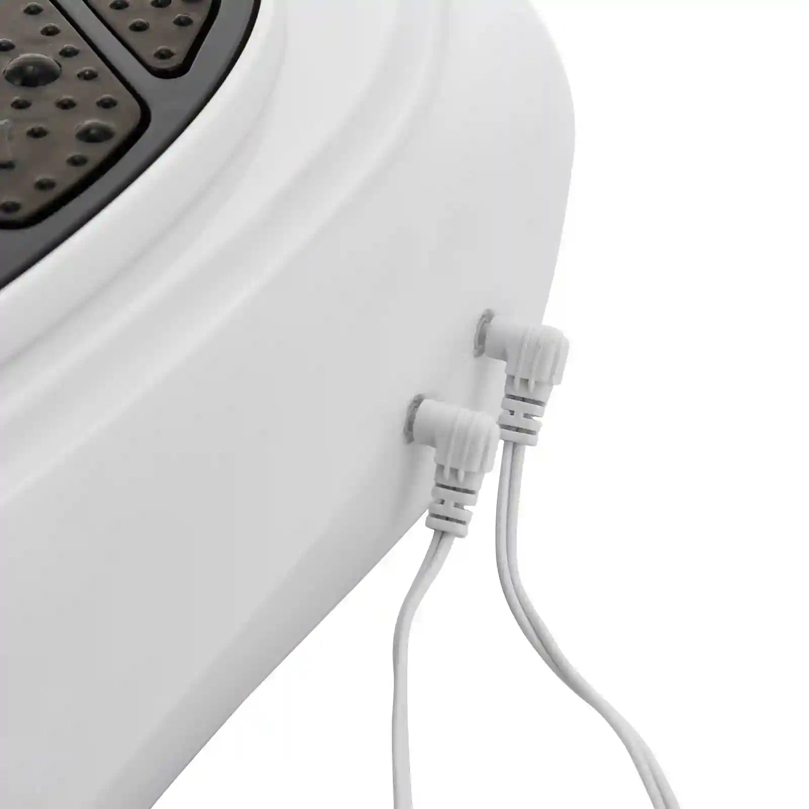 White electric foot massager and blood circulation simulator with two connected electrode cables for leg therapy.