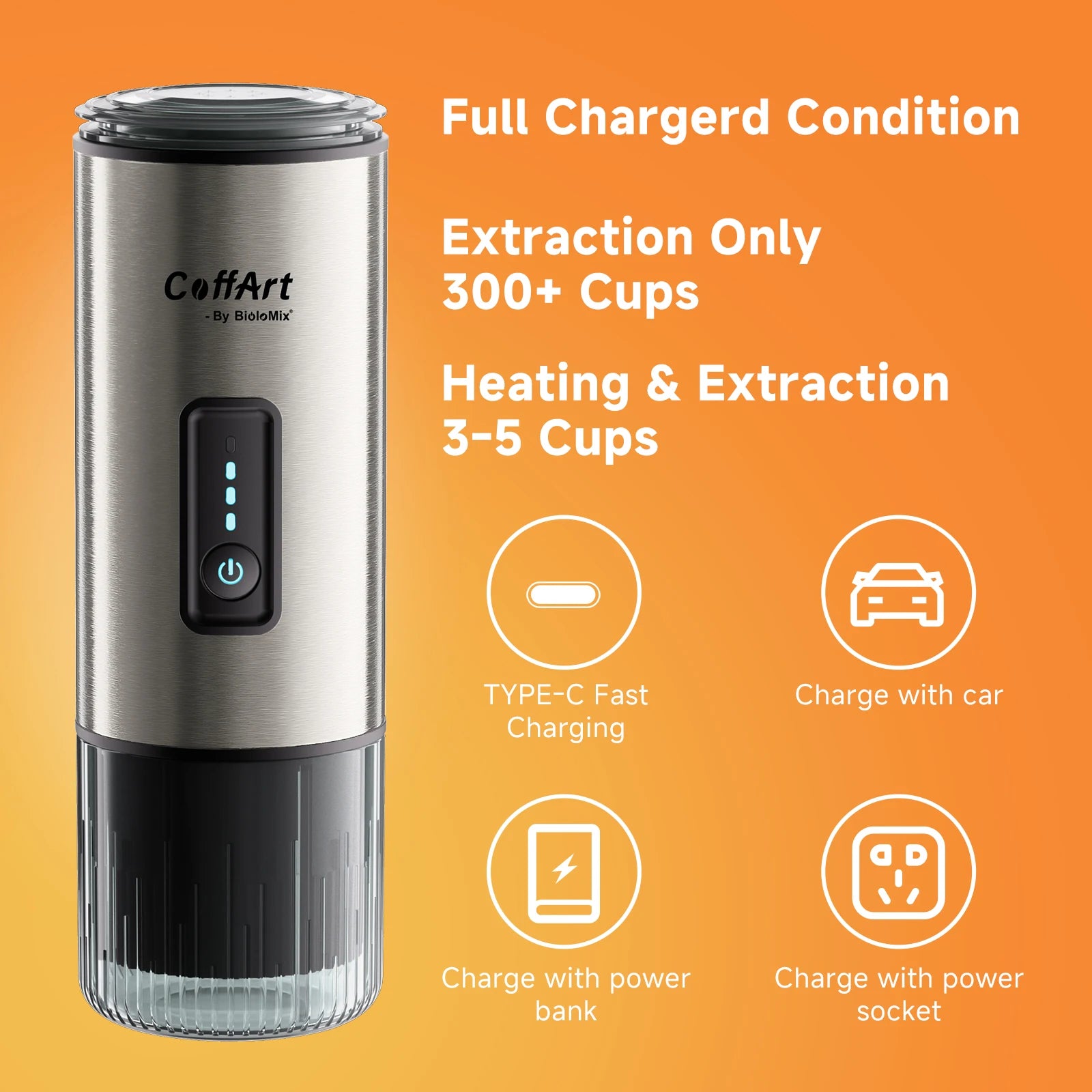 CoffArt by BioloMix portable stainless steel electric coffee maker with Type-C rechargeable battery display.