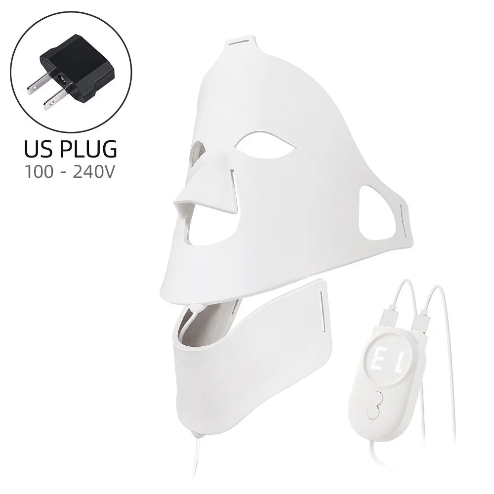 White silicone LED face and neck beauty mask with a digital controller and US plug adapter on a plain white background.
