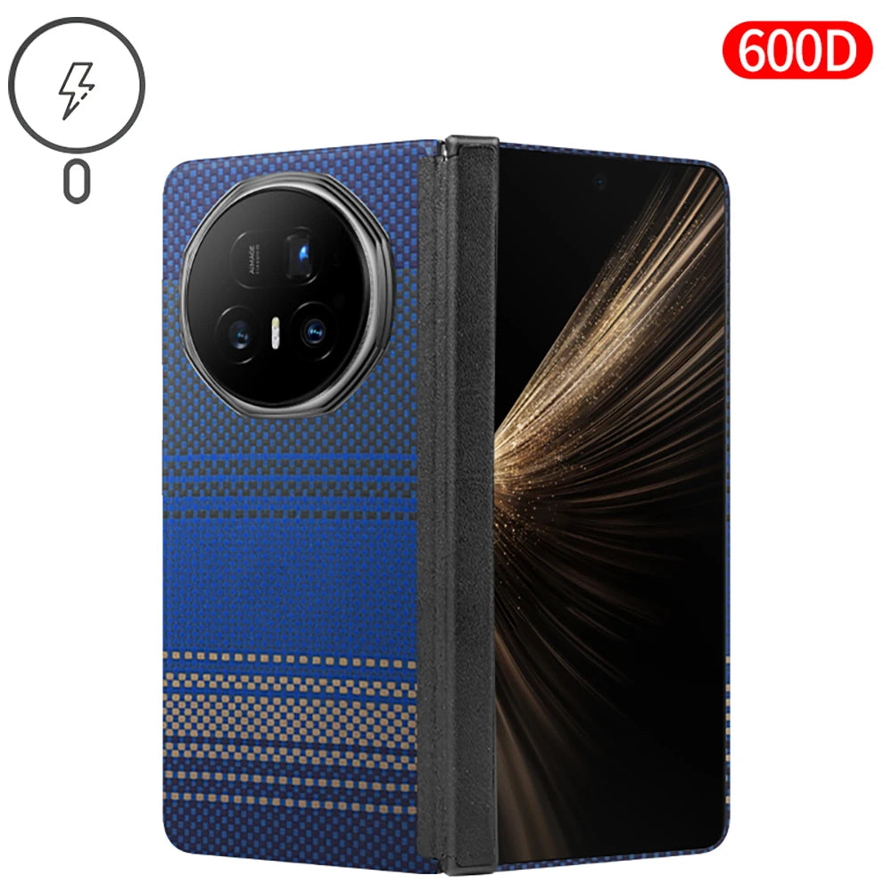 Blue aramid fiber foldable phone case with a striped pattern, featuring a large circular camera cutout.
