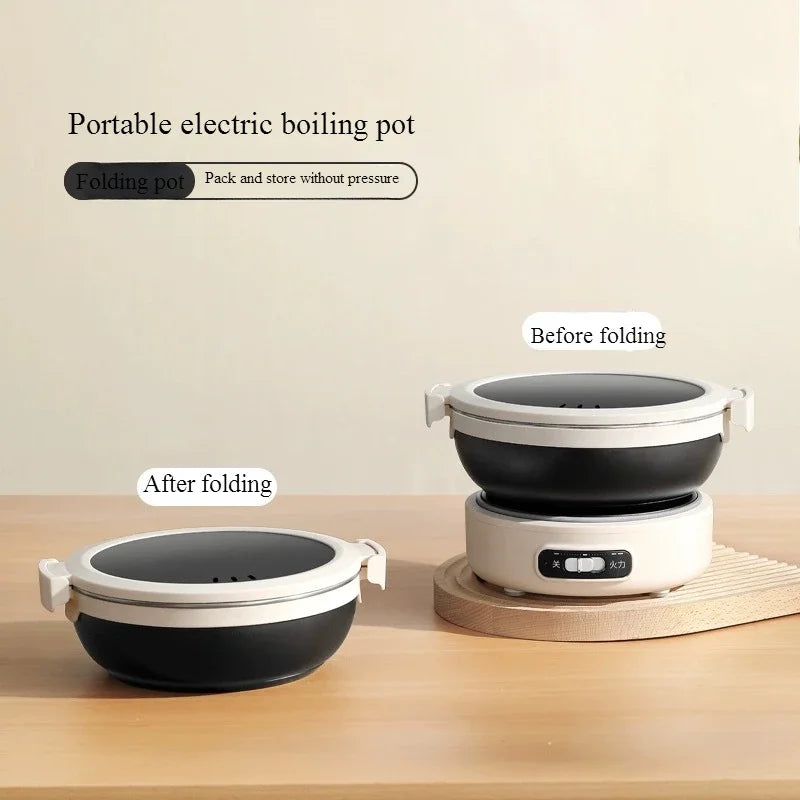 Portable electric folding hot pot shown folded and unfolded, with white lid and black inner bowl