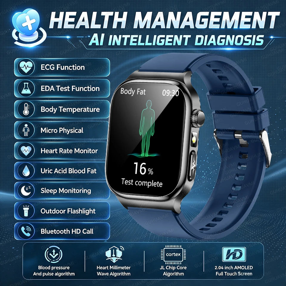 2026 New Accurate Diagnosis Smart Watch Body Fat ECG Blood oxygen BP Health Sport HD AMOLED Screen Call Smart Watches man woman