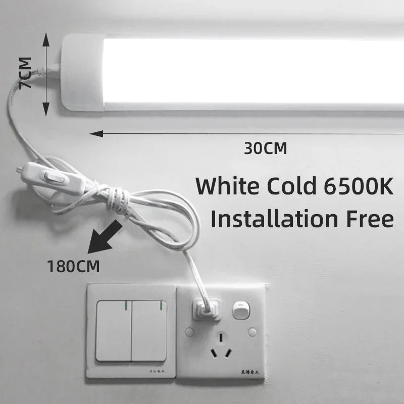 Ultra-thin LED tube wall light with 30cm bar and white cold 6500K glow, installation-ready