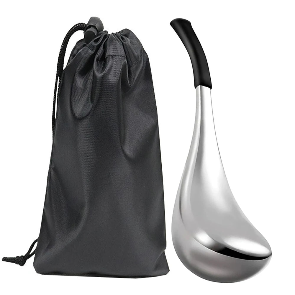 Teardrop-shaped silver metal facial cooling roller with a black handle, displayed next to a black drawstring pouch.
