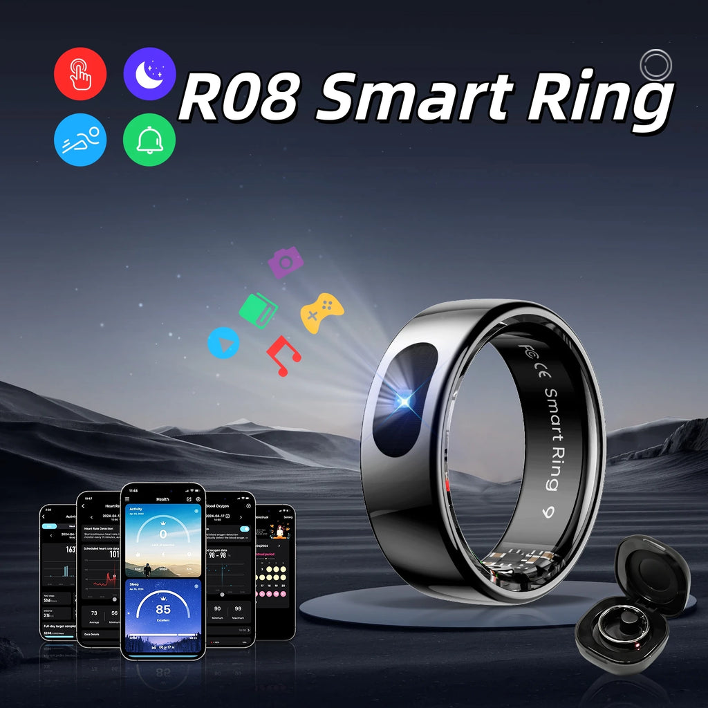 R08 Smart Ring with Charging Case Men Women Health and Sleep Monitor Heart Rate Monitoring 5ATM Waterproof Multi Sport Mode