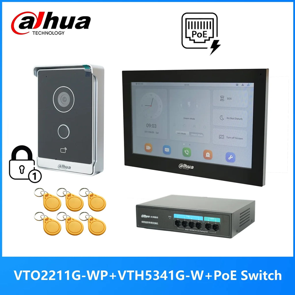 Dahua original IP Video Intercom KIT,VTO2211G-WP & VTH5341G-W & PoE switch,support phone app, RFID Card Unlock