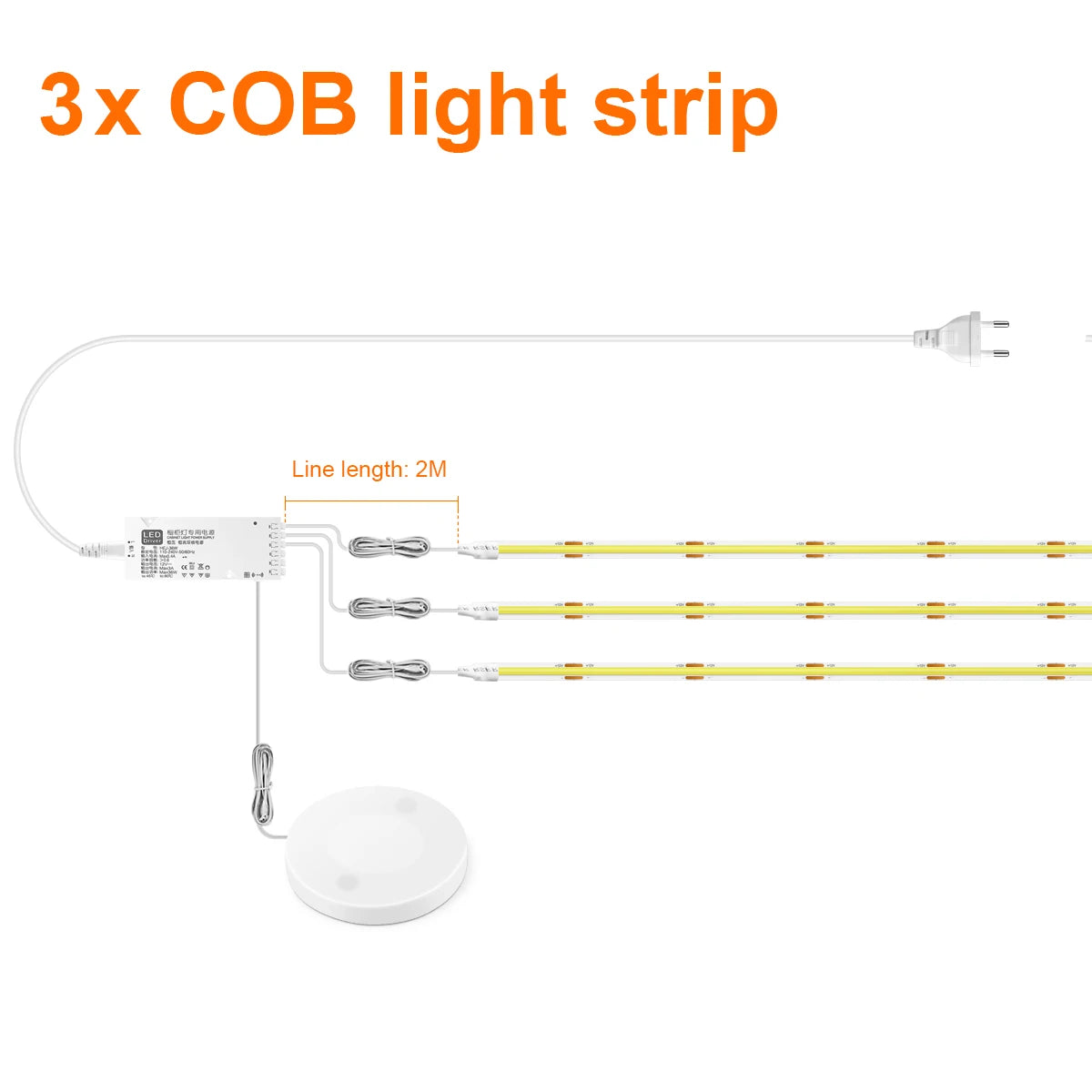 3-pack COB LED strip light kit with 2 m cable, plug, and touch sensor