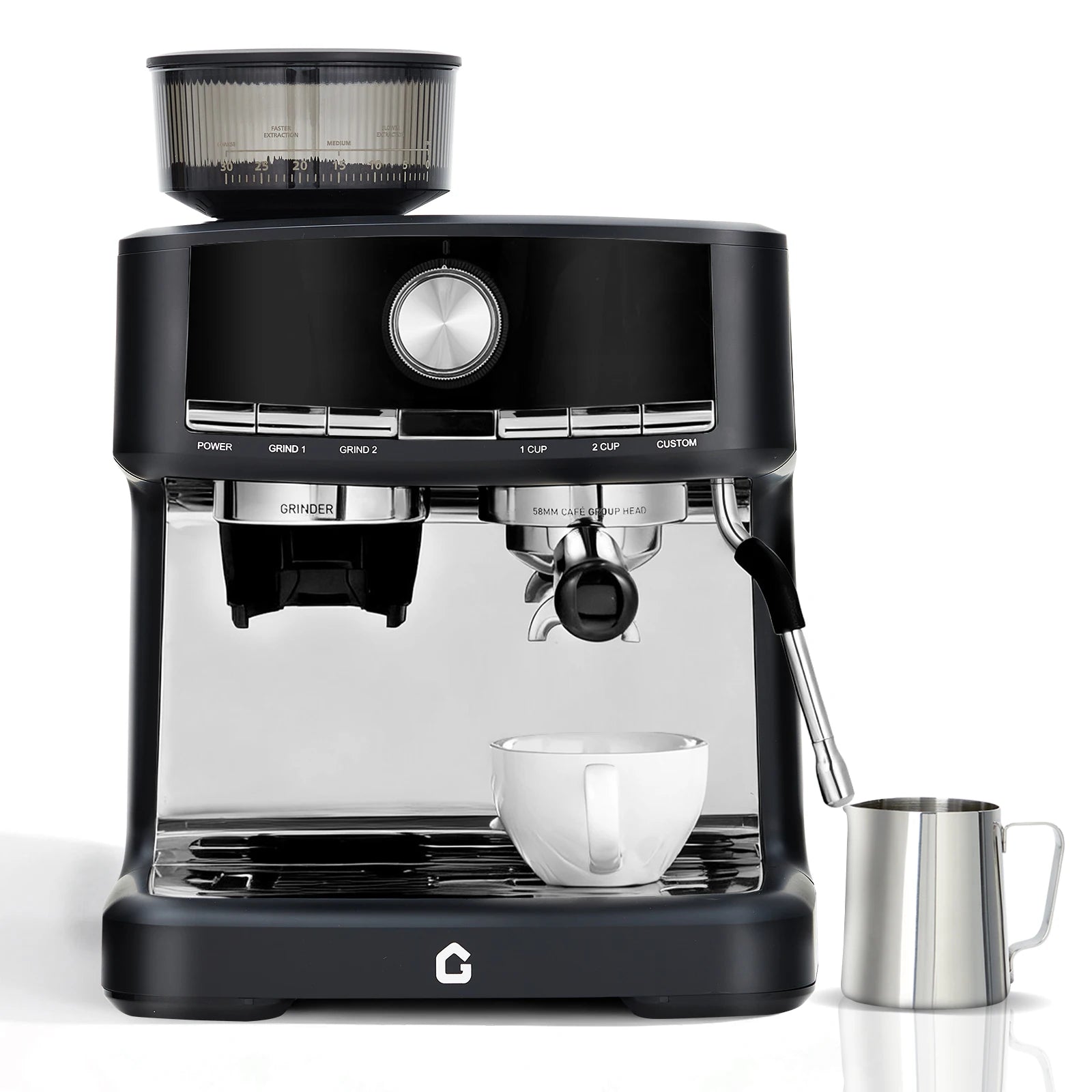 Gevi black espresso machine with integrated grinder, 58mm group head, steam wand, and stainless steel milk pitcher.
